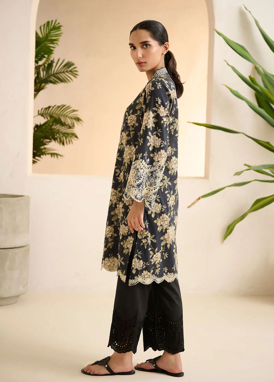 Dhanak Pret Embroidered Lawn Kurti DHK23BW DC-0523 BLACK