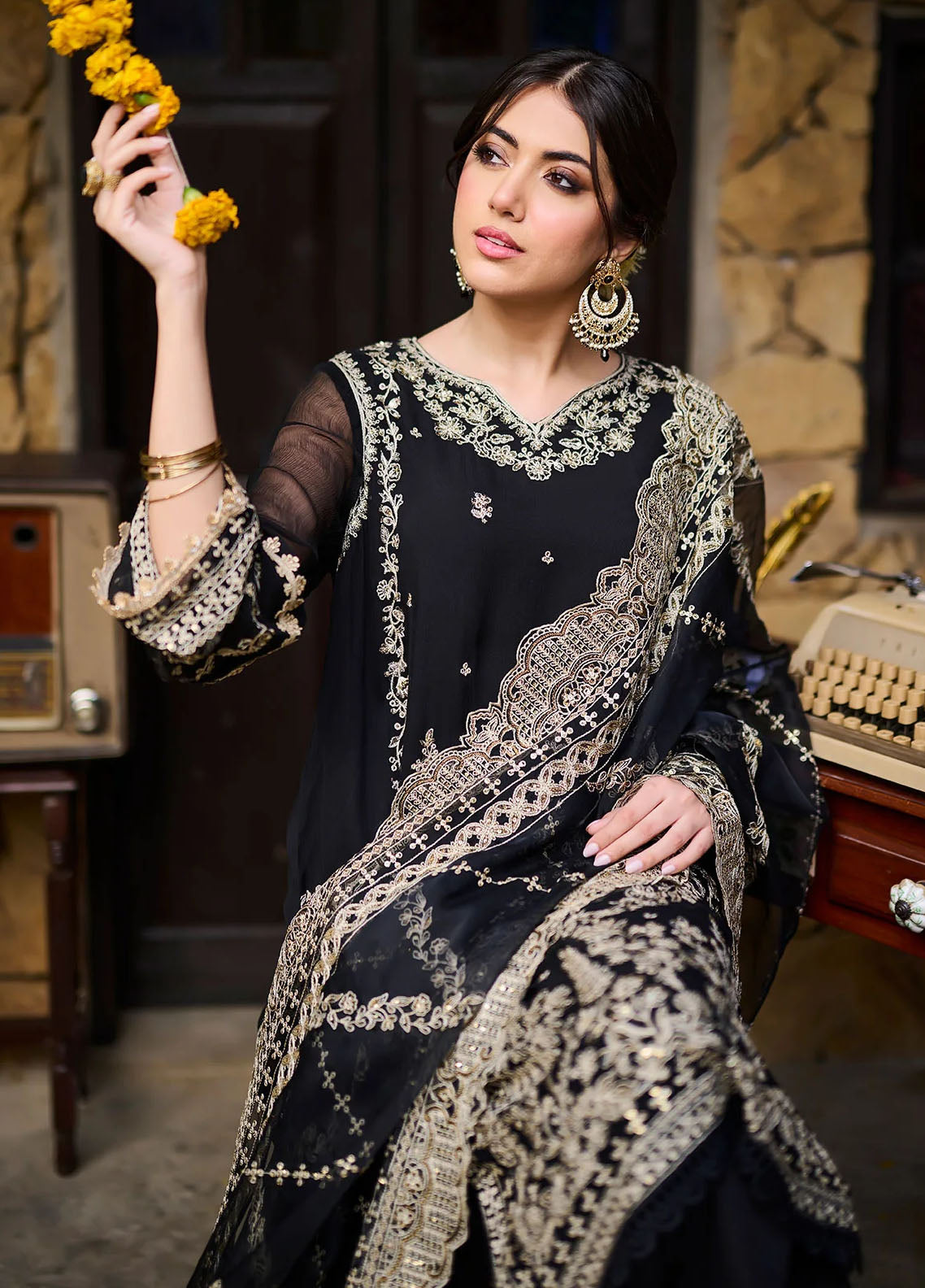 Dhanak Pret Embroidered Chiffon 2 Piece Suit SS24DA-2270 Black