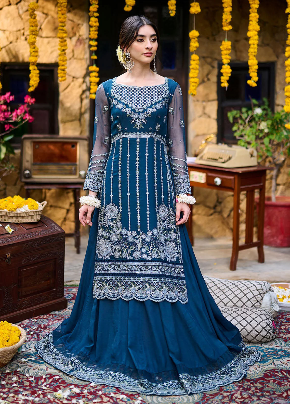 Dhanak Pret Embroidered Chiffon 2 Piece Suit SS24DA-2361 Tarquoise Blue