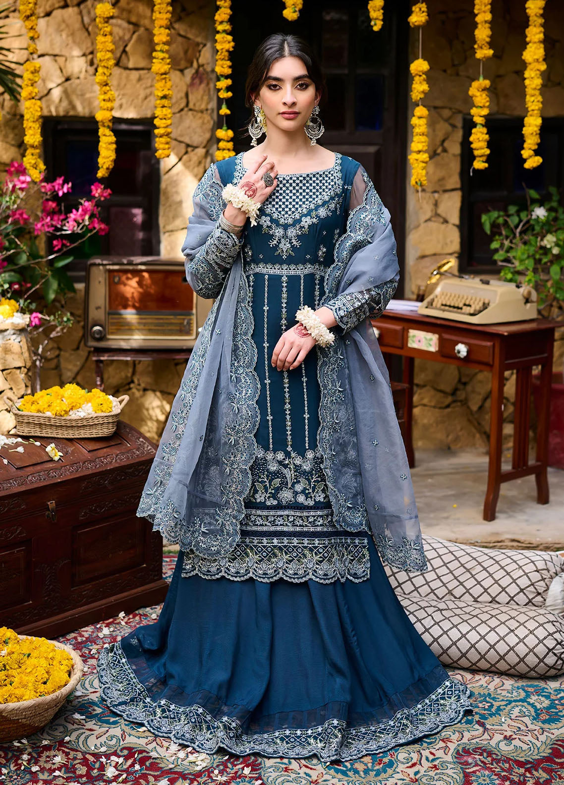 Dhanak Pret Embroidered Chiffon 2 Piece Suit SS24DA-2361 Tarquoise Blue