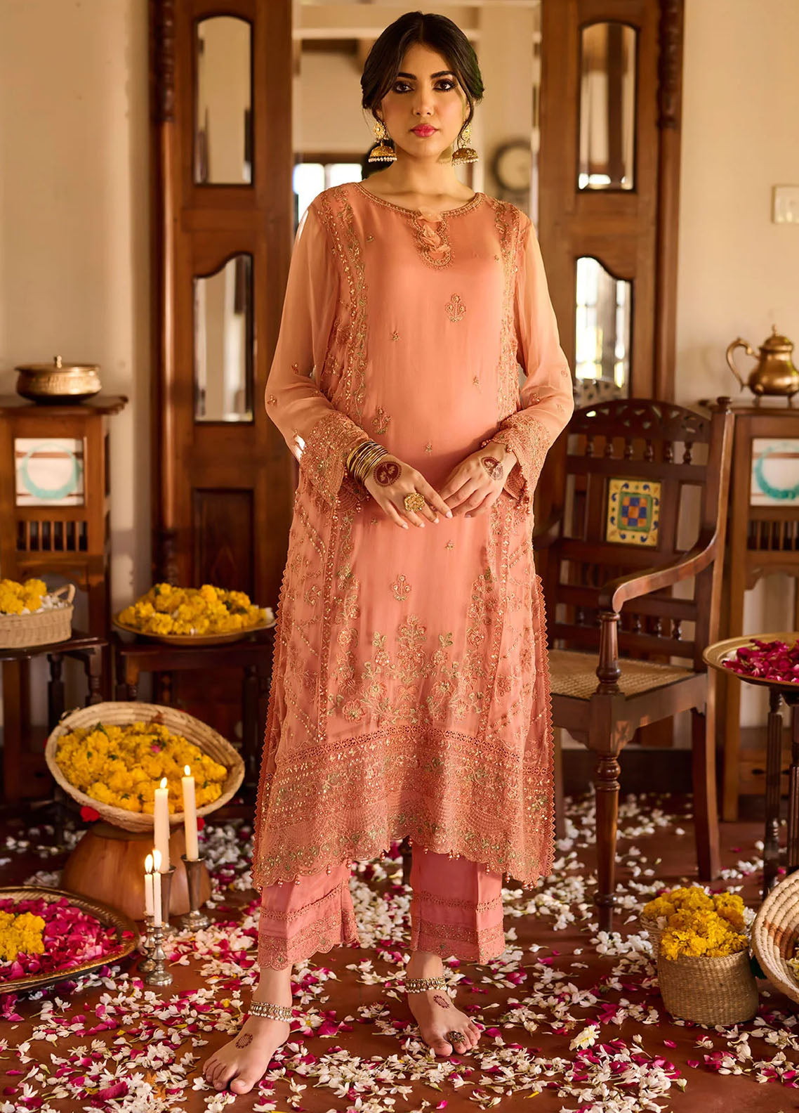 Dhanak Pret Embroidered Chiffon 2 Piece Suit SS24DA-2366 Rust