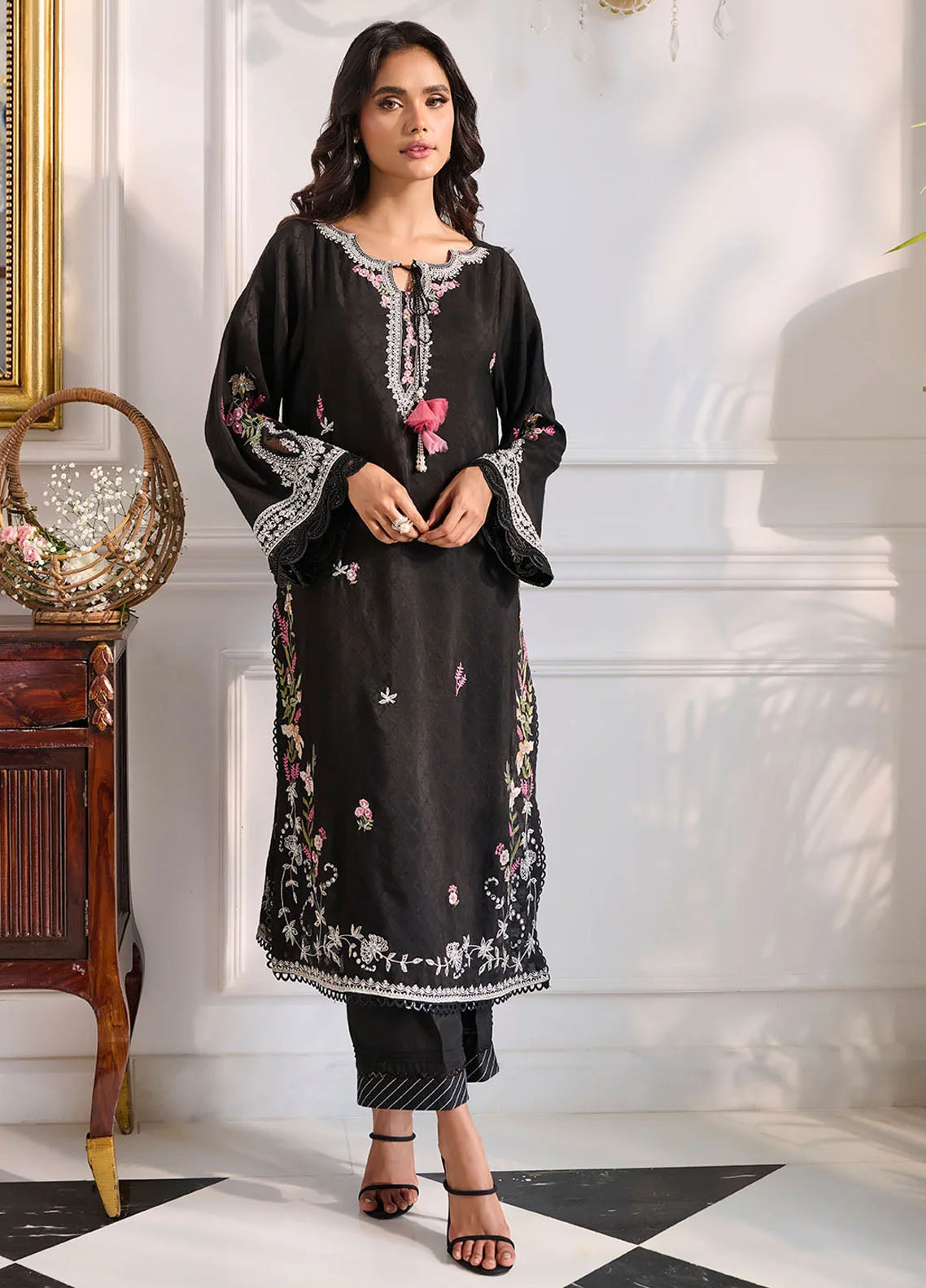 Dhanak Pret Embroidered Cotton Jacquard 2 Piece Suit SS24DA-2377 Black