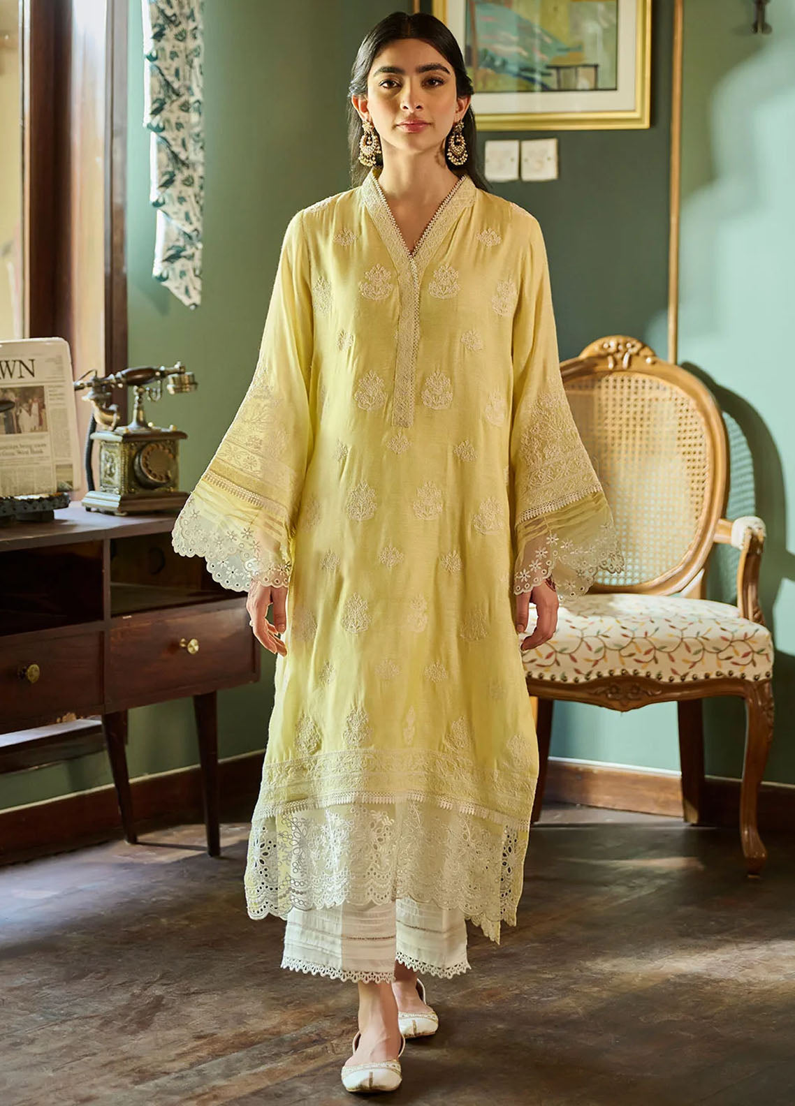 Dhanak Pret Embroidered Cotton Jacquard 2 Piece Suit SS24DA-2389 Lemon Yellow