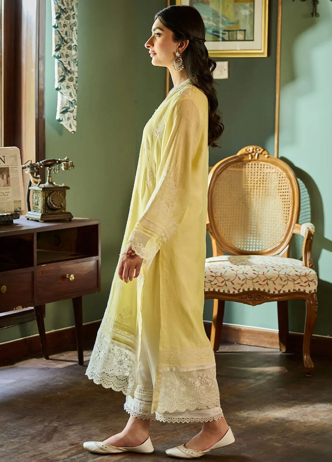 Dhanak Pret Embroidered Cotton Jacquard 2 Piece Suit SS24DA-2389 Lemon Yellow