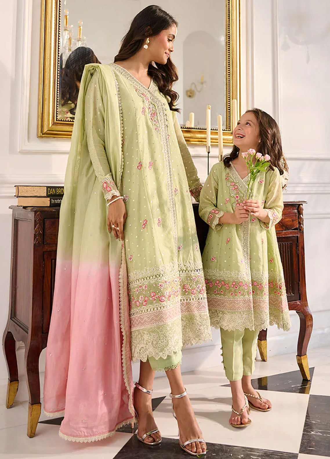 Dhanak Pret Embroidered Cotton Jacquard 2 Piece Suit SS24DK-0162 Light Green