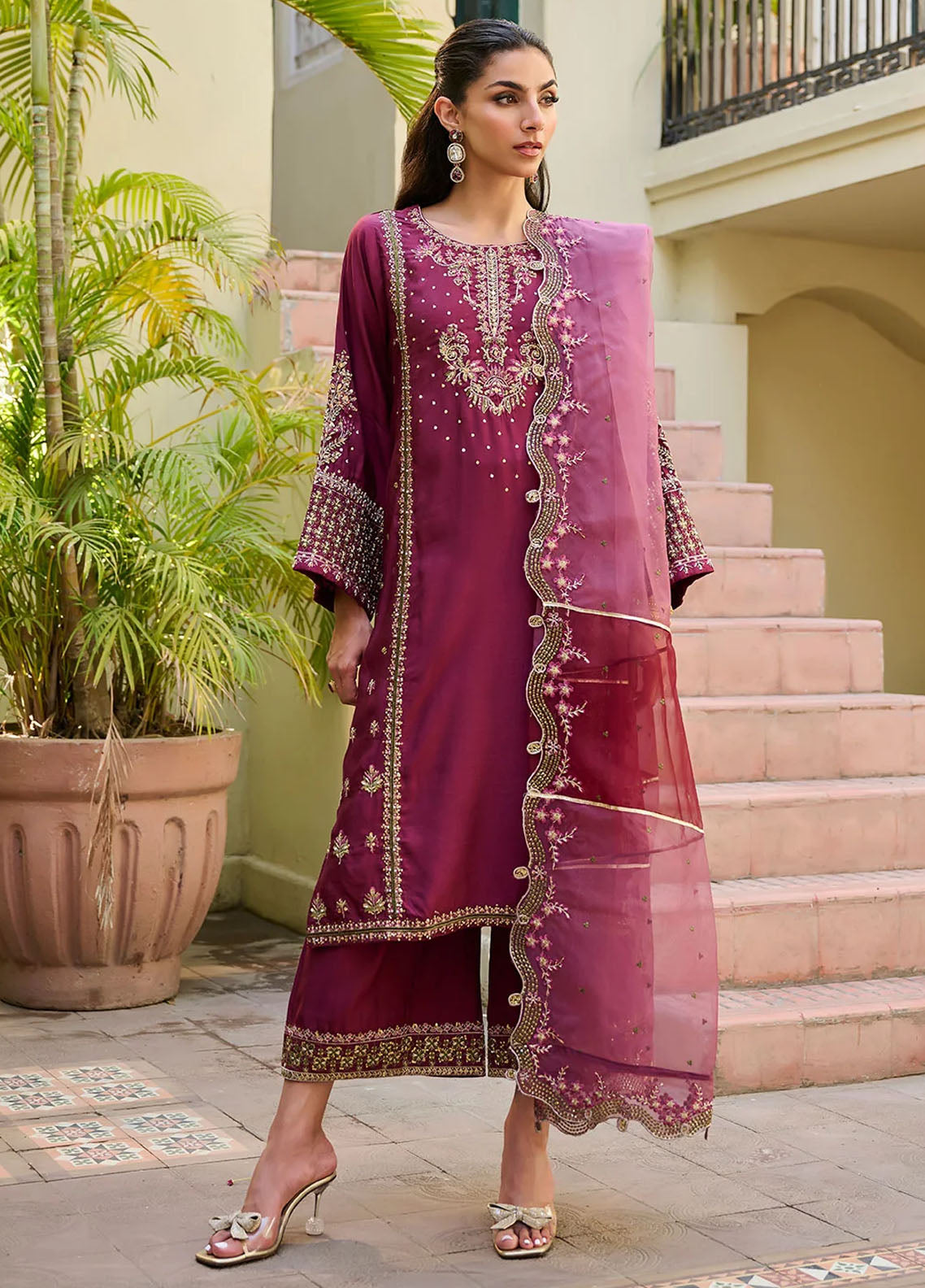 Dhanak Pret Embroidered Cotton Silk 3 Piece Suit SS24DL-0287 Dark Pink