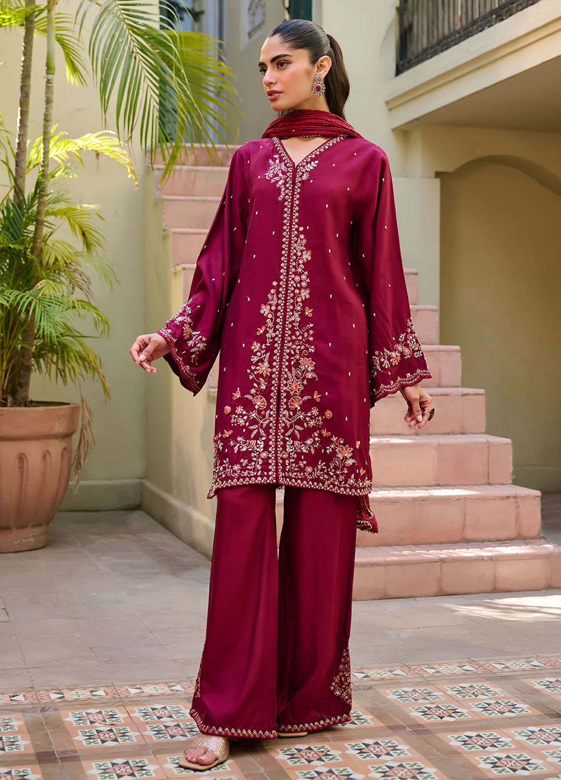 Dhanak Pret Embroidered Cotton Silk 3 Piece Suit SS24DL-0294 Maroon