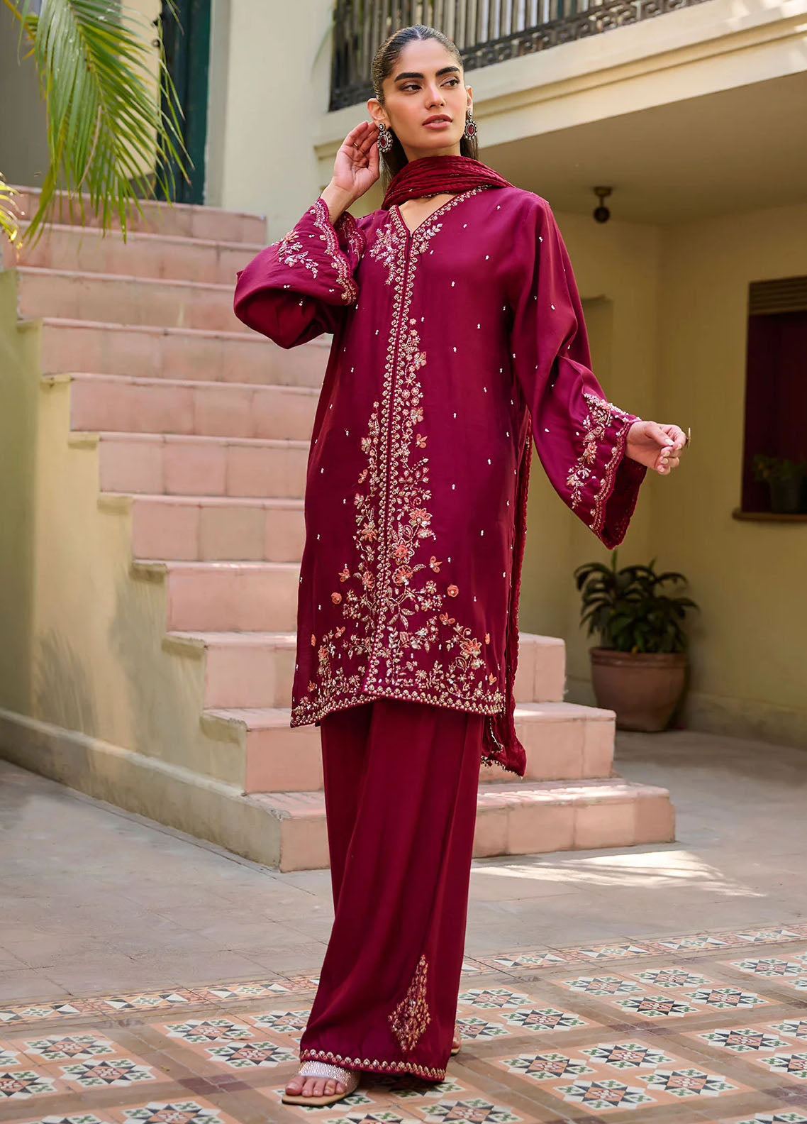 Dhanak Pret Embroidered Cotton Silk 3 Piece Suit SS24DL-0294 Maroon