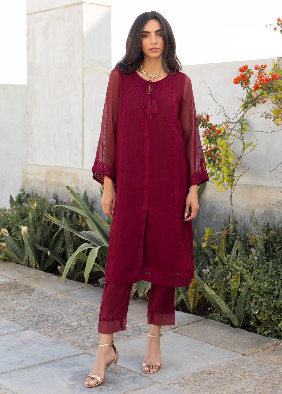 Dhanak Pret Embroidered Khaadi Net Kurti DA-1750 MAROON