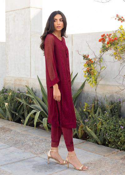 Dhanak Pret Embroidered Khaadi Net Kurti DA-1750 MAROON