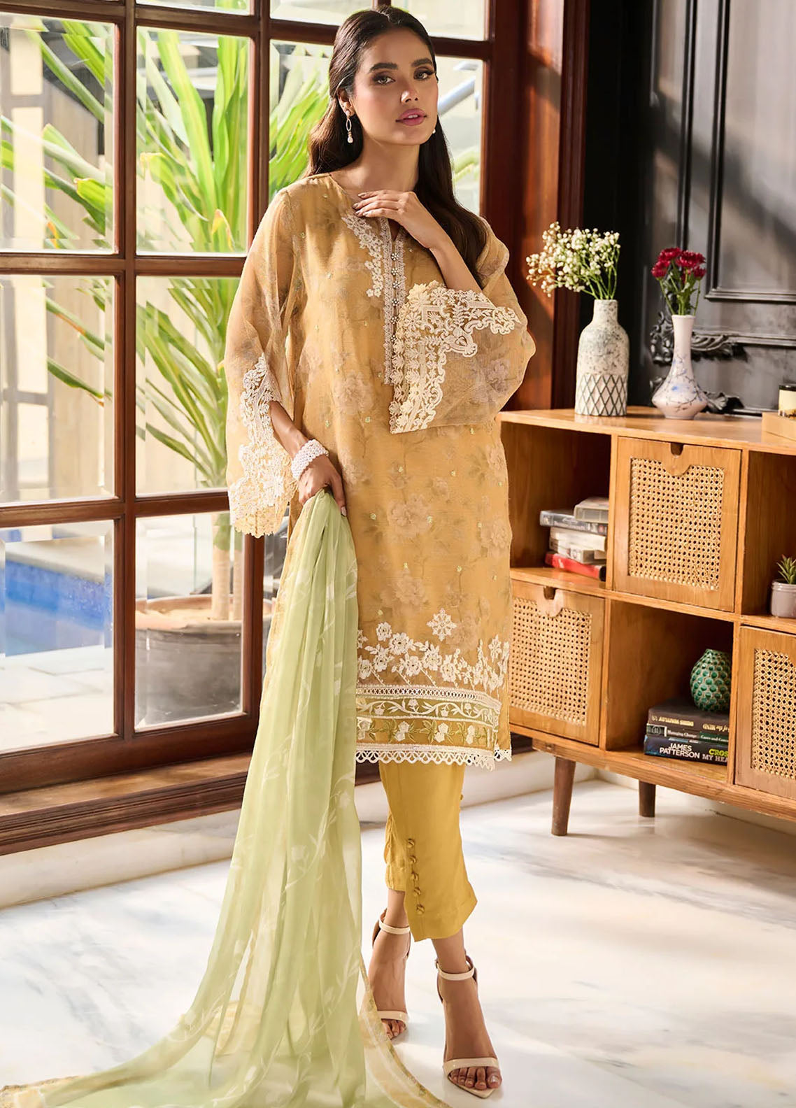 Dhanak Pret Embroidered Khaadi Net 2 Piece Suit SS24DA-2386 Mustard