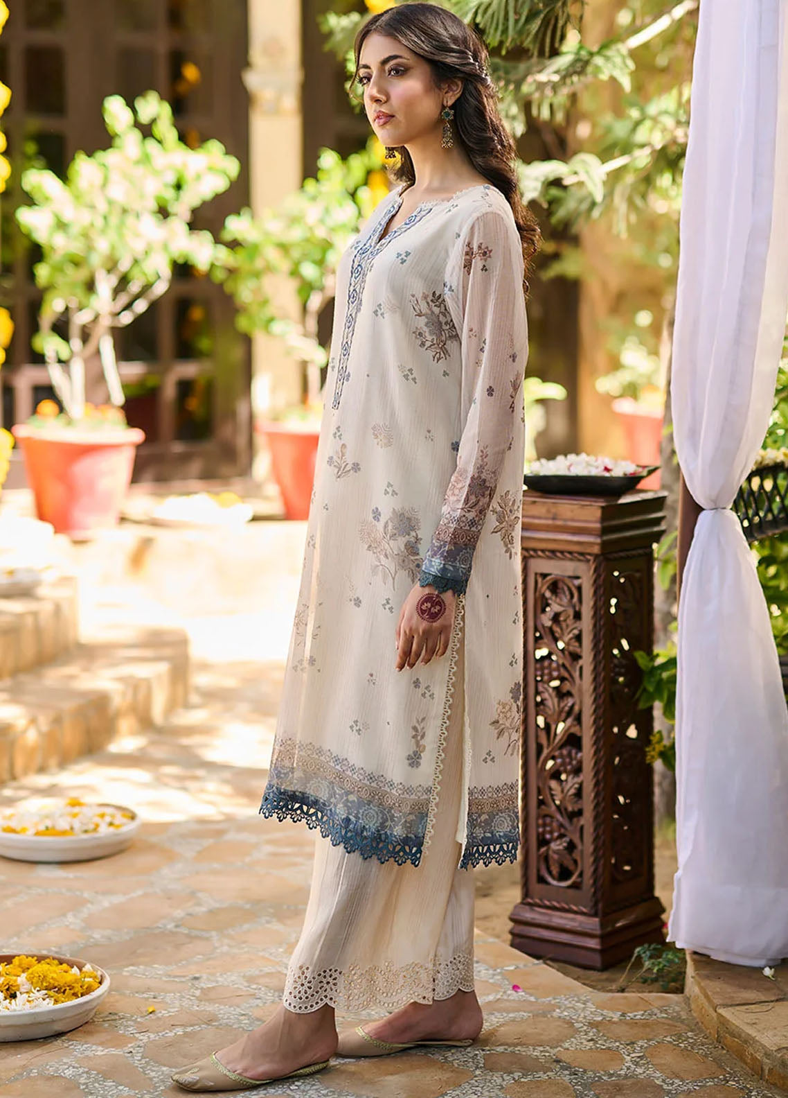 Dhanak Pret Embroidered Khaadi Net Kurtie SS24DA-2390 Beige