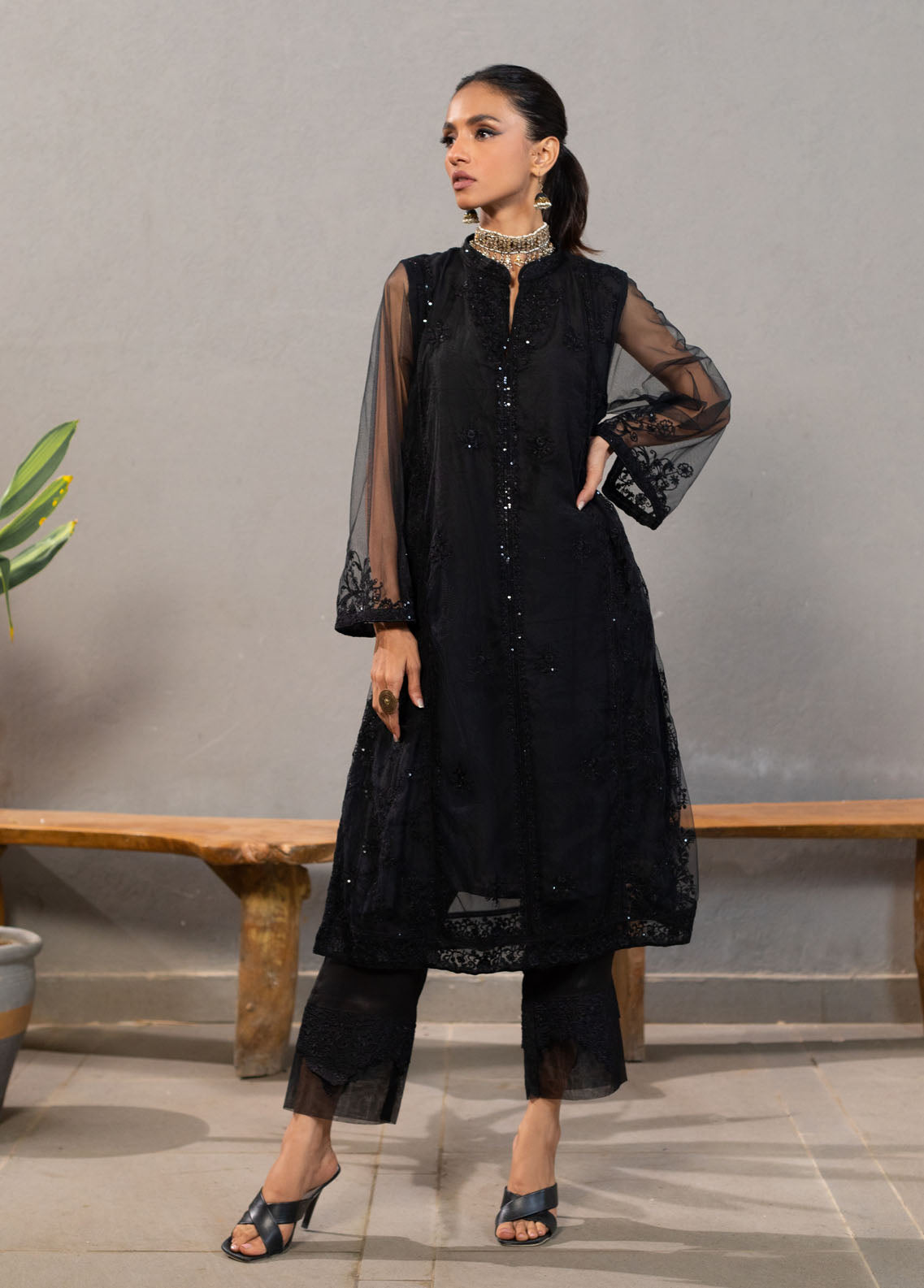 Dhanak Pret Embroidered Organza Kurti SS24DA-2221 BLACK