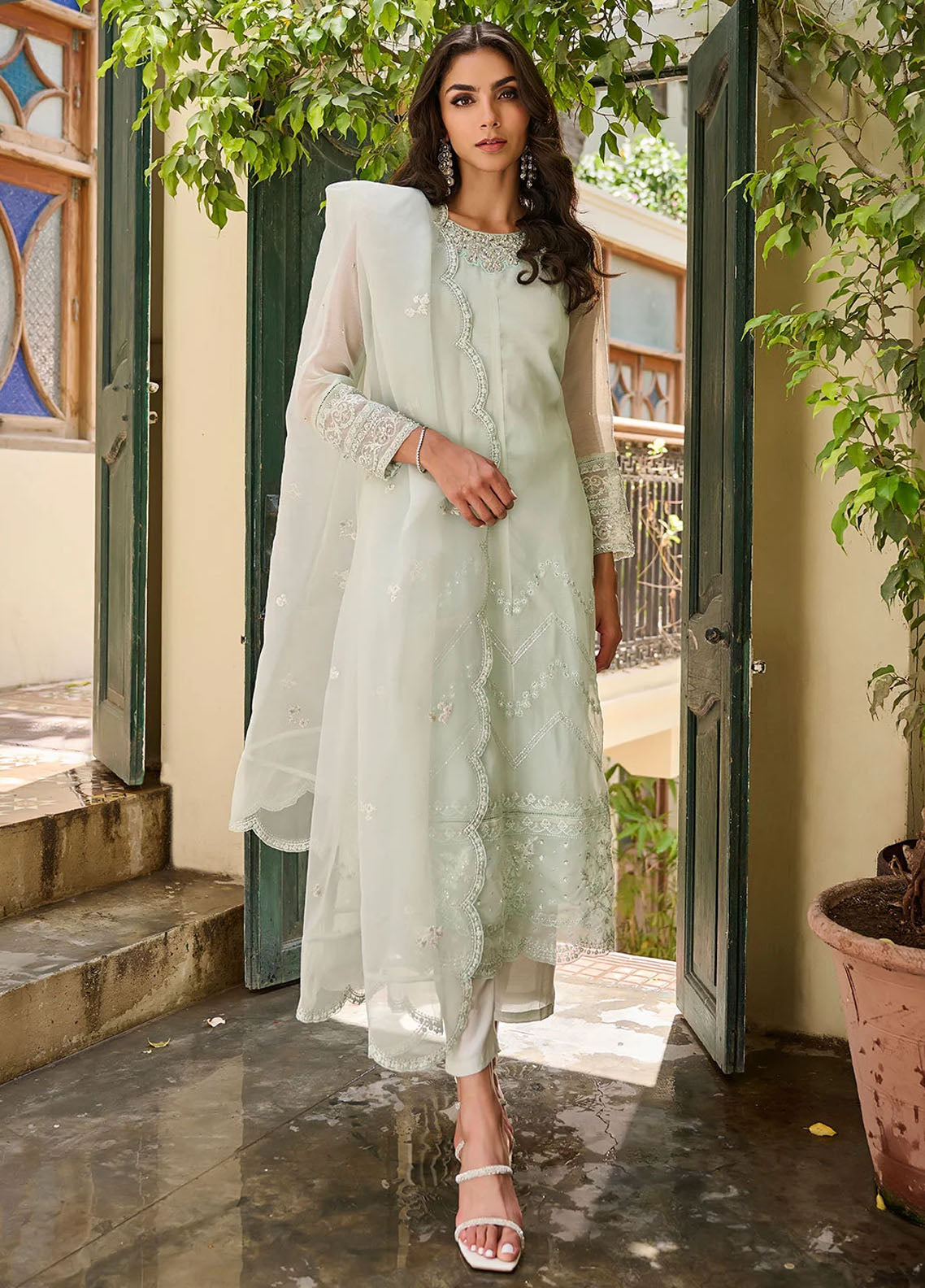 Dhanak Pret Embroidered Organza 3 Piece Suit SS24DL-0298 L-Green