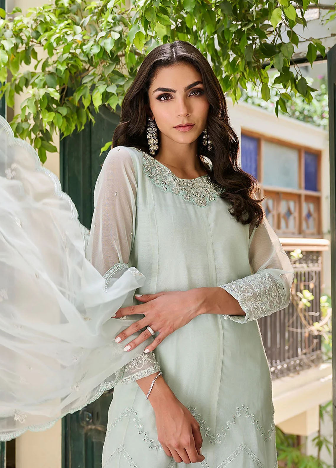 Dhanak Pret Embroidered Organza 3 Piece Suit SS24DL-0298 L-Green
