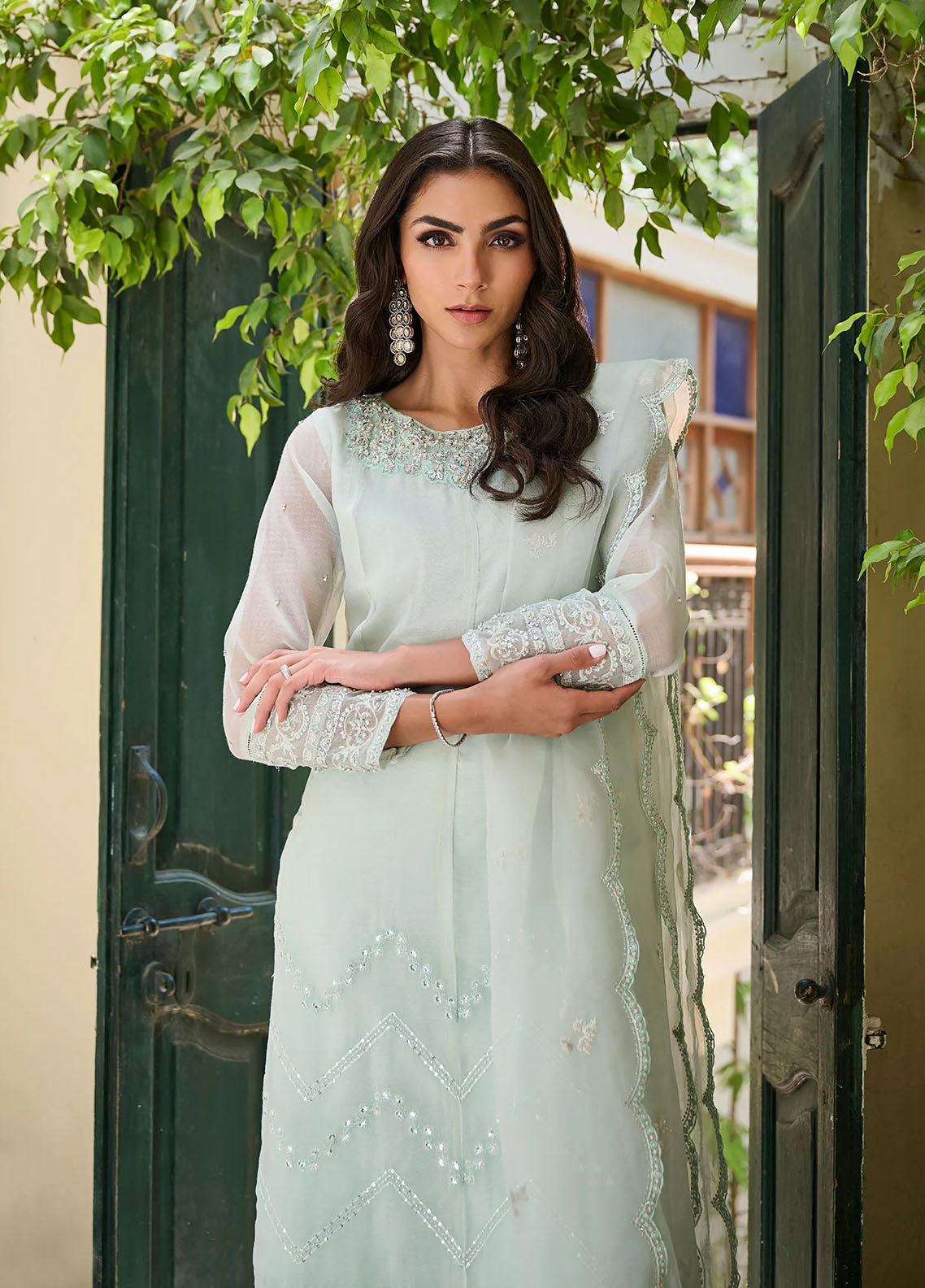 Dhanak Pret Embroidered Organza 3 Piece Suit SS24DL-0298 L-Green