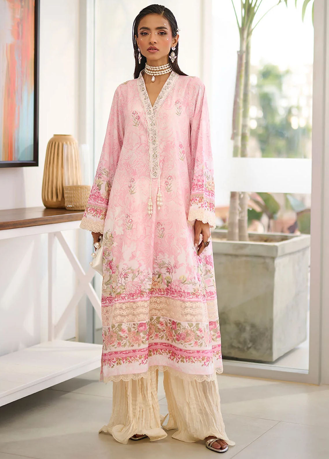 Dhanak Pret Embroidered Silk 2 Piece Suit SS24DA-2358 Light Pink