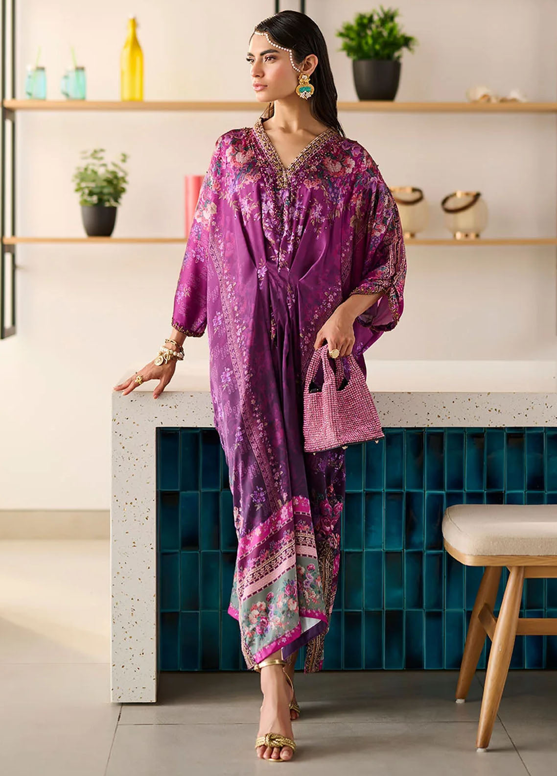 Dhanak Pret Embroidered Silk Kaftan SS24DA-1879 Purple