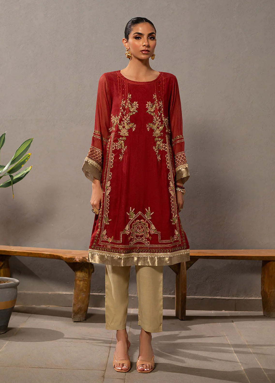 Dhanak Pret Embroidered Khaadi Net Kurti DA-2060 RUST