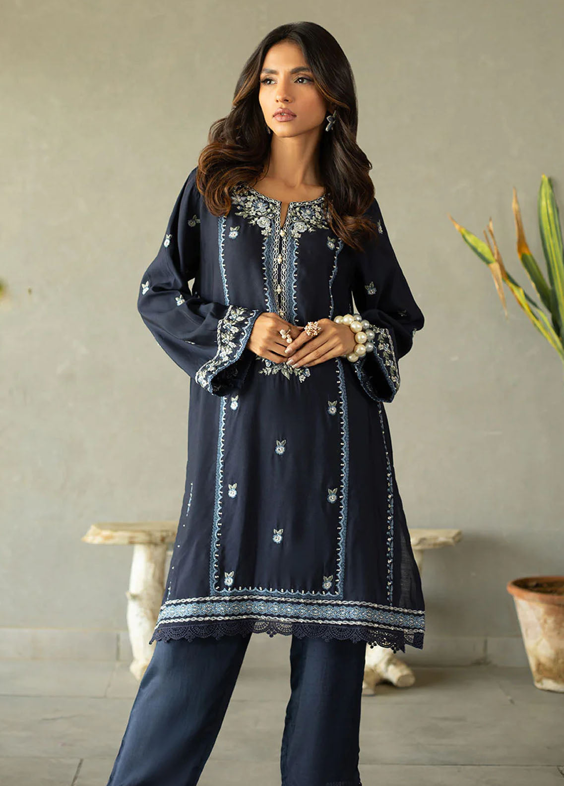 Dhanak Pret Embroidered Cotton Silk 2 Piece Suit DA-2146 NAVY BLUE