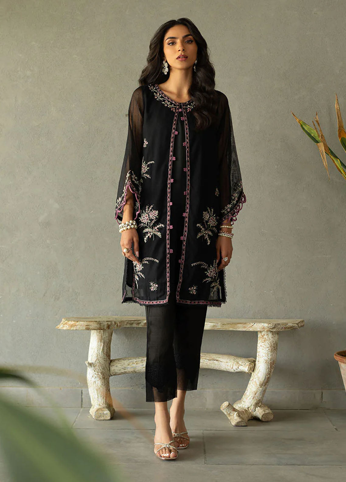 Dhanak Pret Embroidered Khaadi Net Kurti DA-2167 BLACK