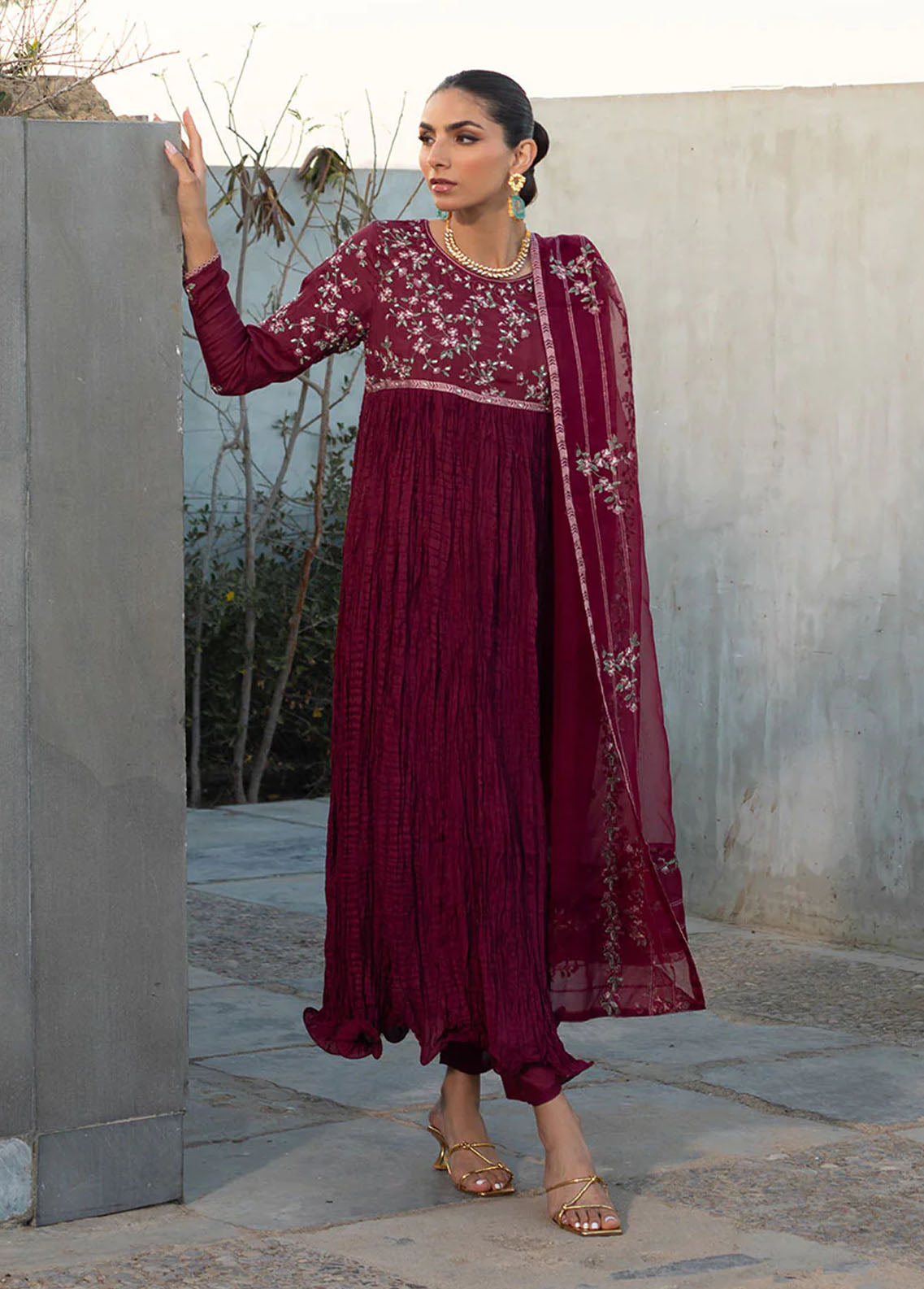 Dhanak Pret Embroidered Raw Silk 3 Piece Suit DA-2367 MAROON