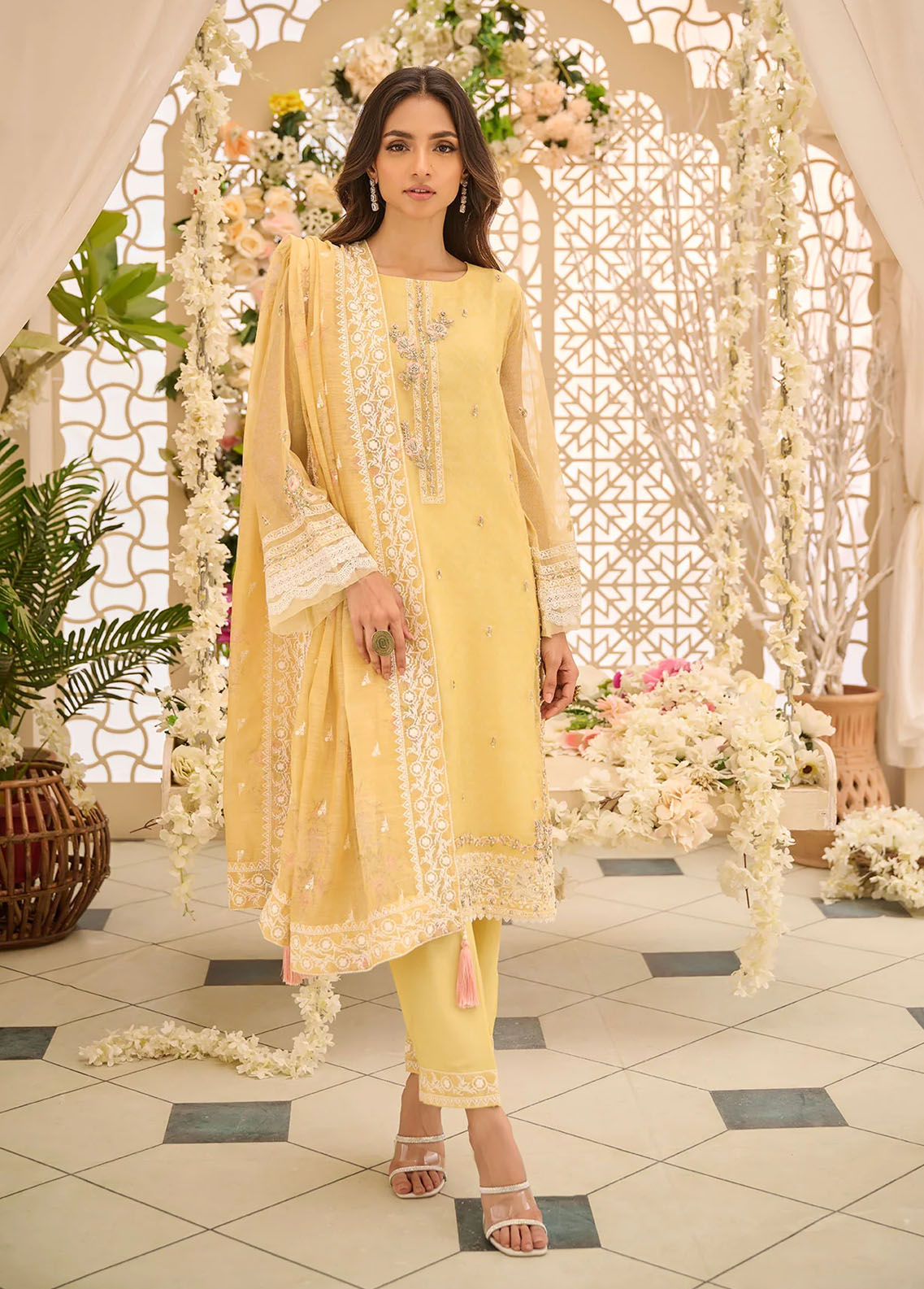 Dhanak Pret Embroidered Khaadi Net 3 Piece Suit DL-0268 YELLOW