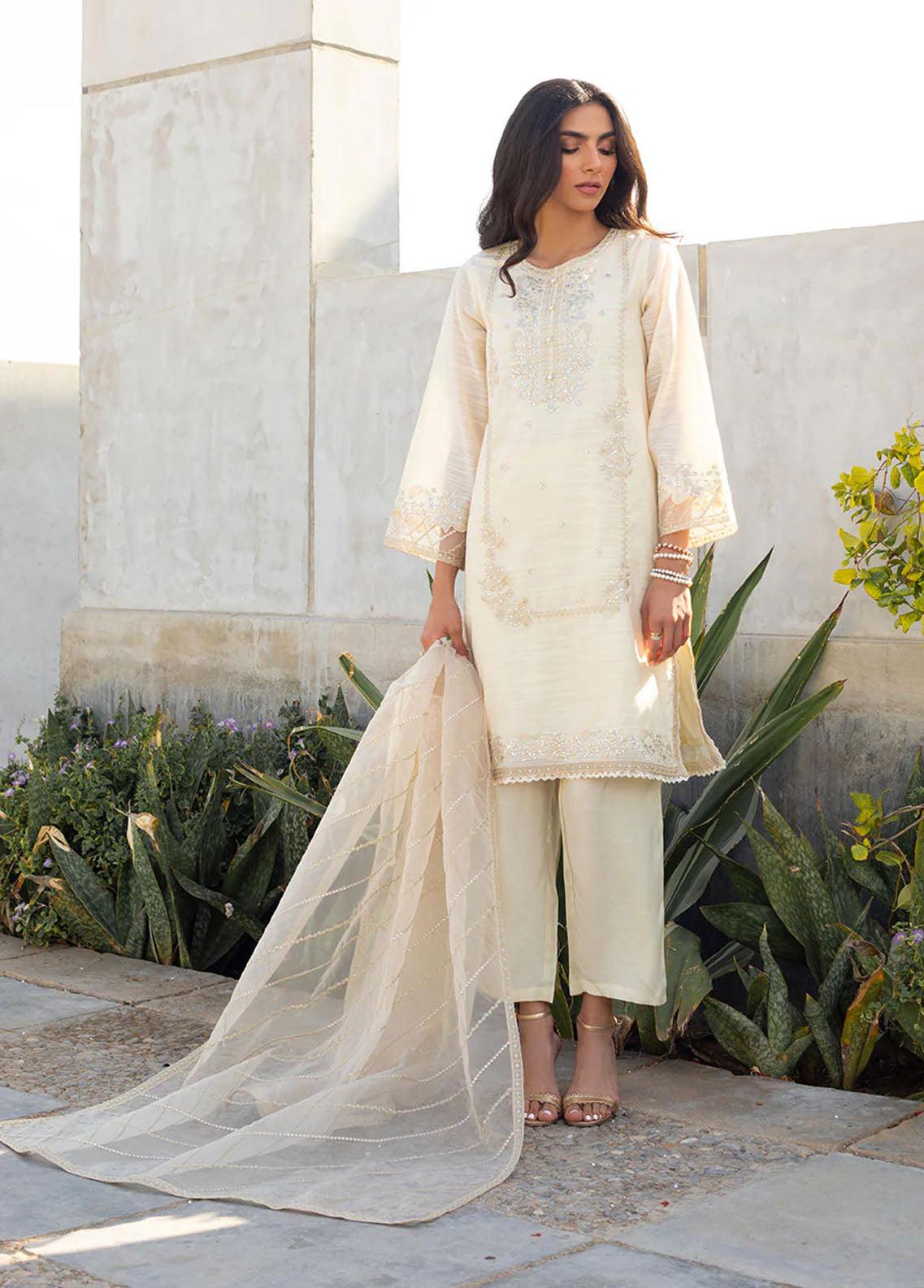 Dhanak Pret Embroidered 2 Piece Suit SS24DA-2284 OFF WHITE