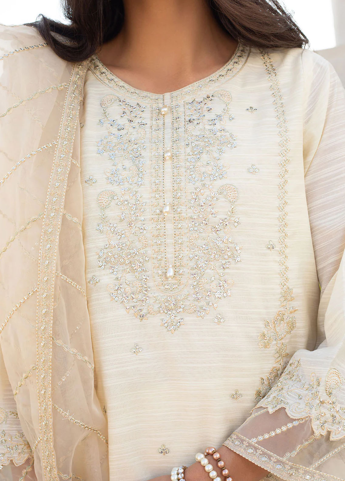 Dhanak Pret Embroidered 2 Piece Suit SS24DA-2284 OFF WHITE
