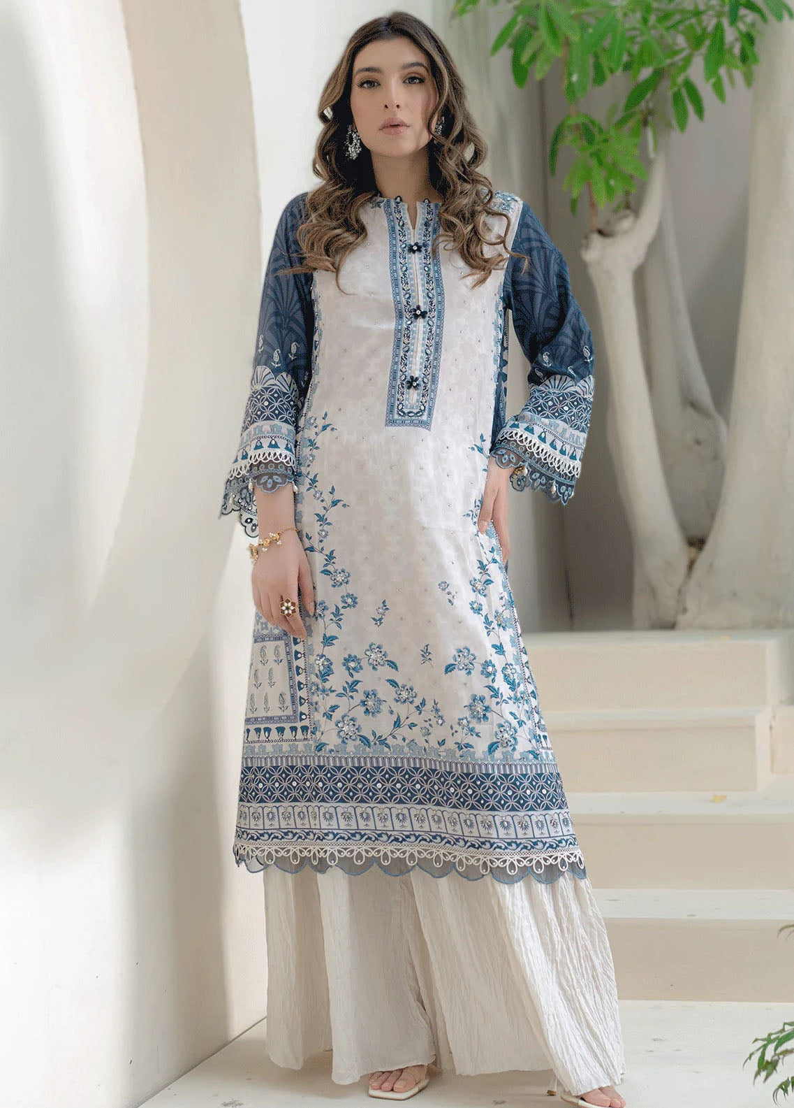 Dhanak Pret Embroidered Silk 2 Piece Suit DC-2238 OFF-WHITE