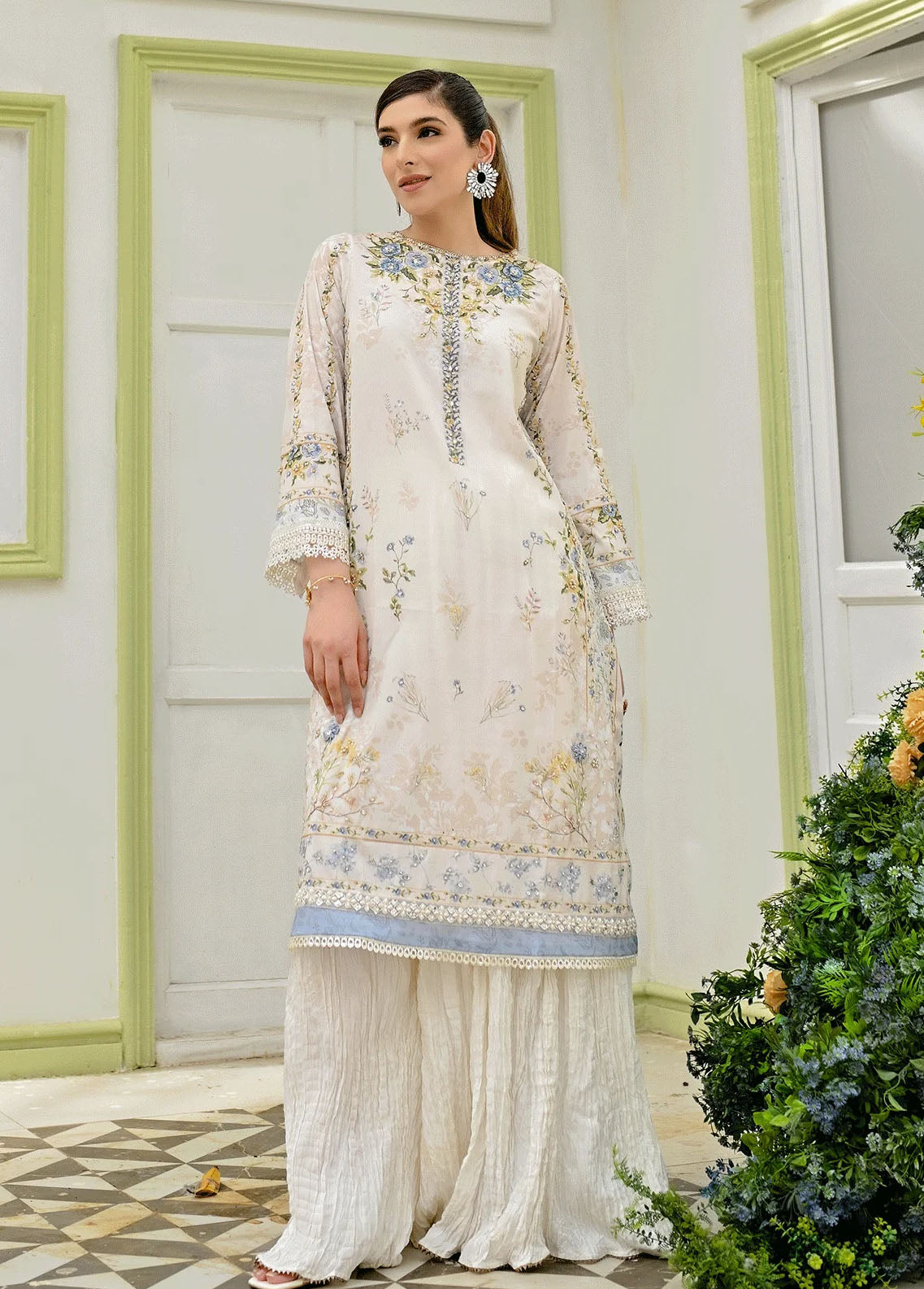 Dhanak Pret Embroidered Silk 2 Piece Suit DC-2239 OFF-WHITE