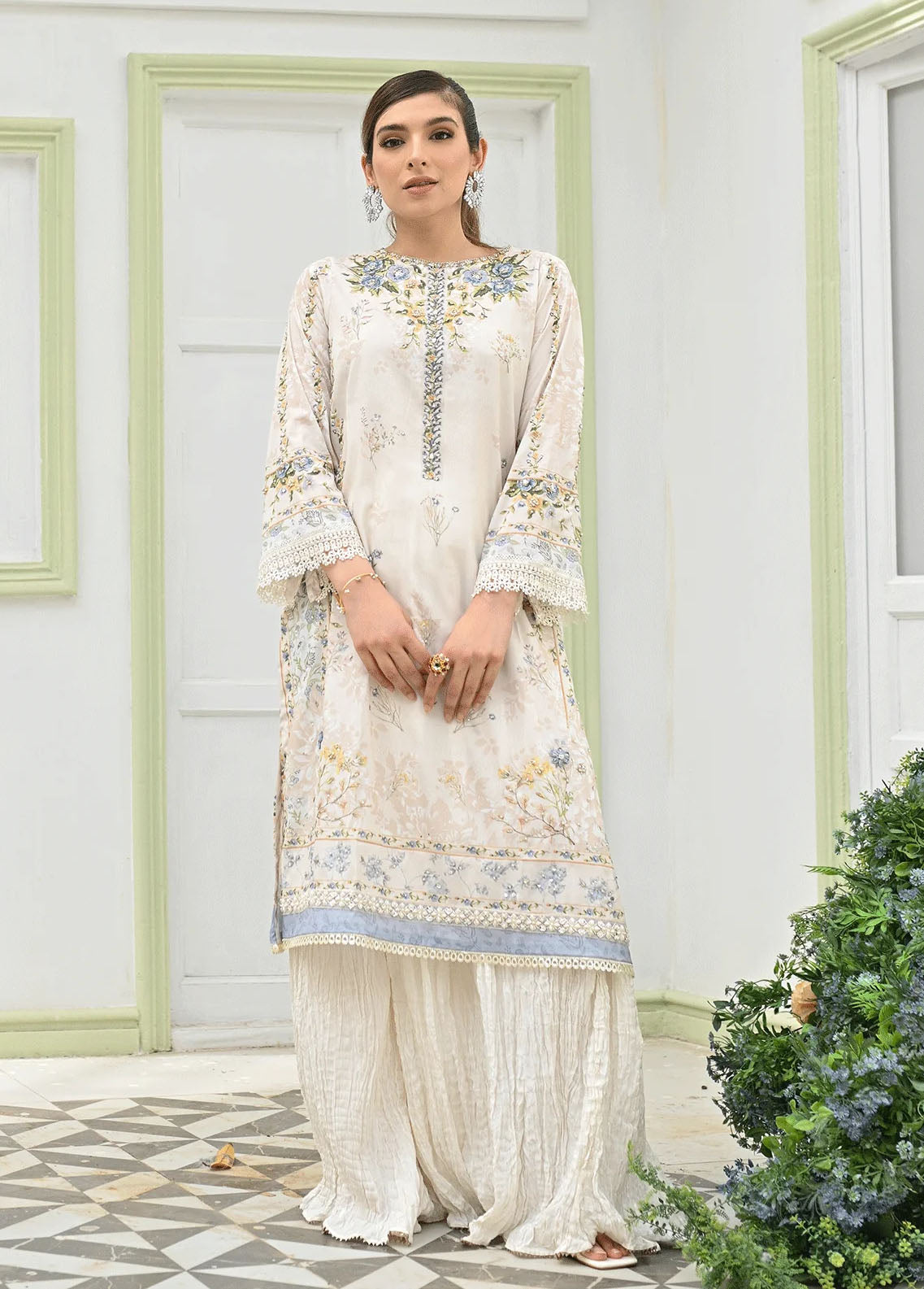 Dhanak Pret Embroidered Silk 2 Piece Suit DC-2239 OFF-WHITE