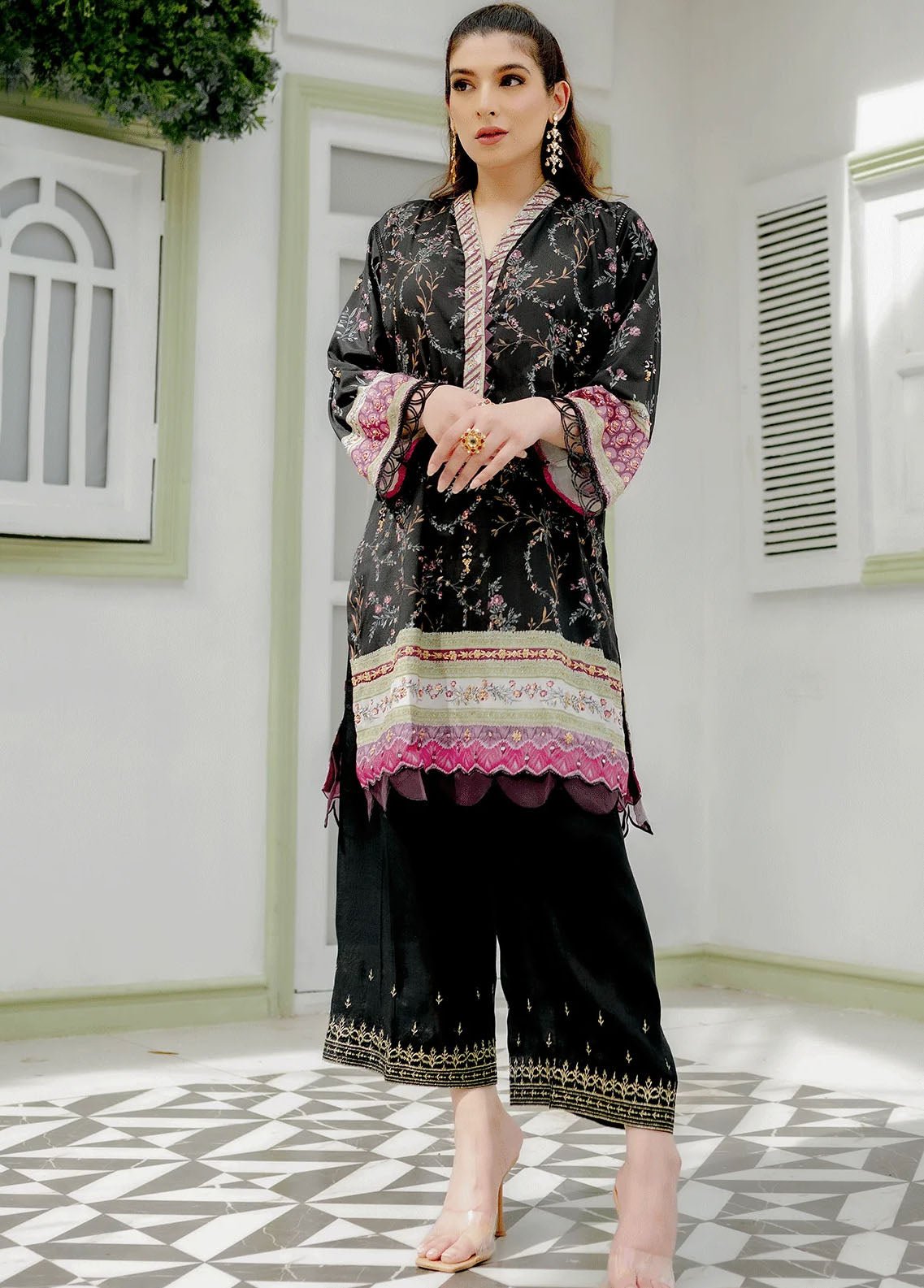 Dhanak Pret Embroidered Silk 2 Piece Suit DC-2240 BLACK