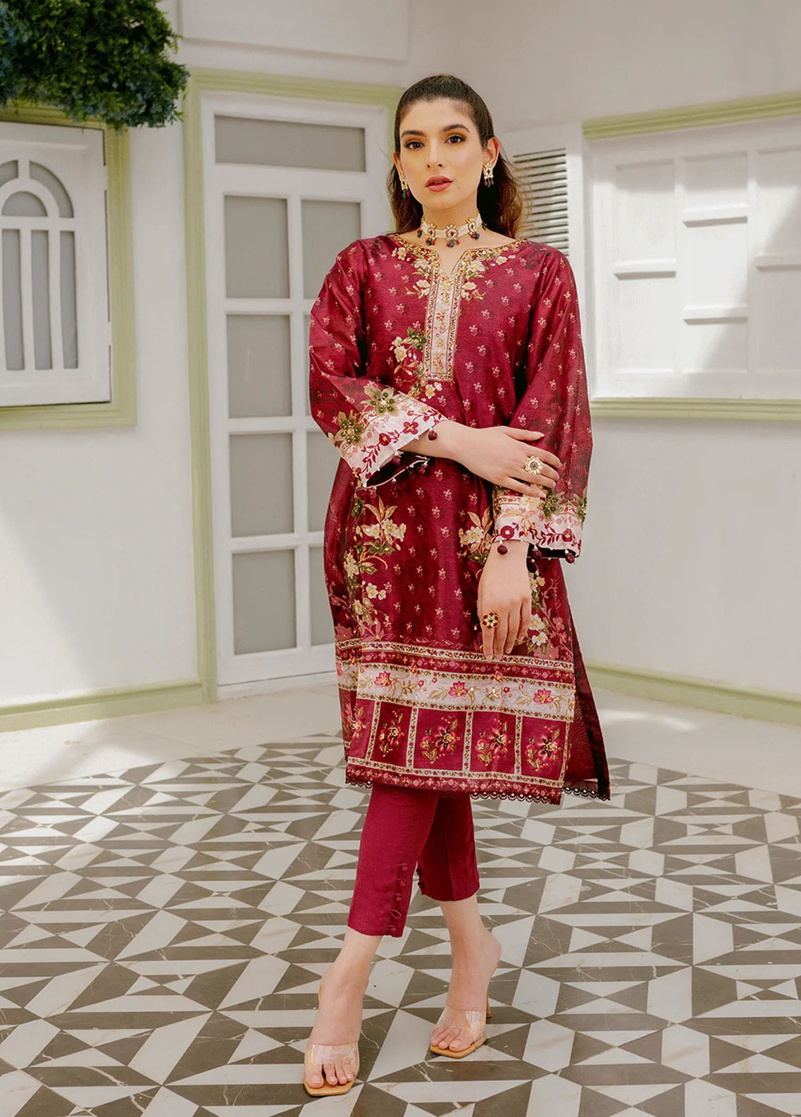 Dhanak Pret Embroidered Silk 2 Piece Suit DC-2241 MAROON