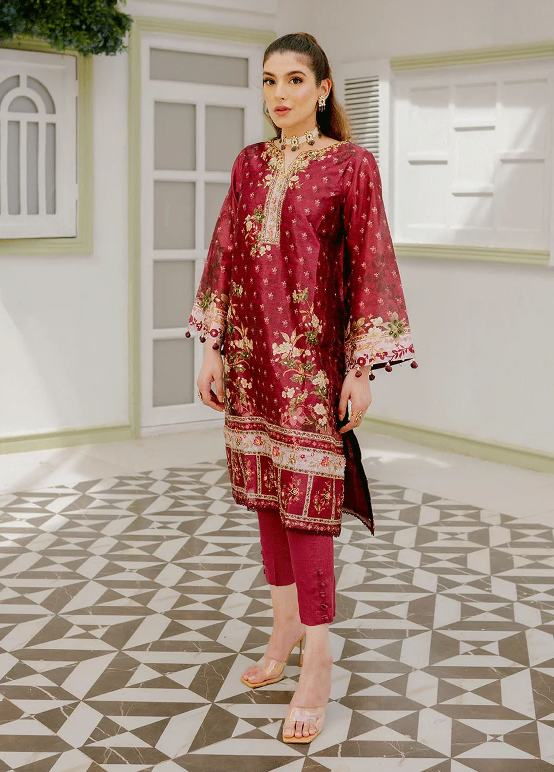 Dhanak Pret Embroidered Silk 2 Piece Suit DC-2241 MAROON