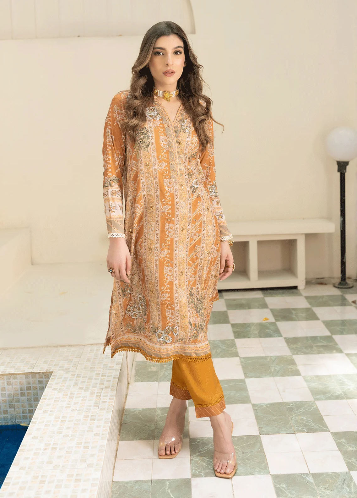 Dhanak Pret Embroidered Silk 2 Piece Suit DC-2242 MUSTARD