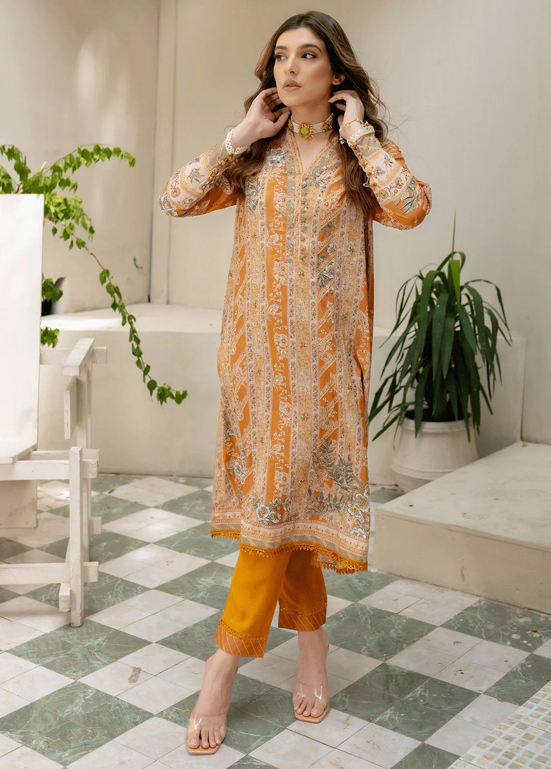 Dhanak Pret Embroidered Silk 2 Piece Suit DC-2242 MUSTARD