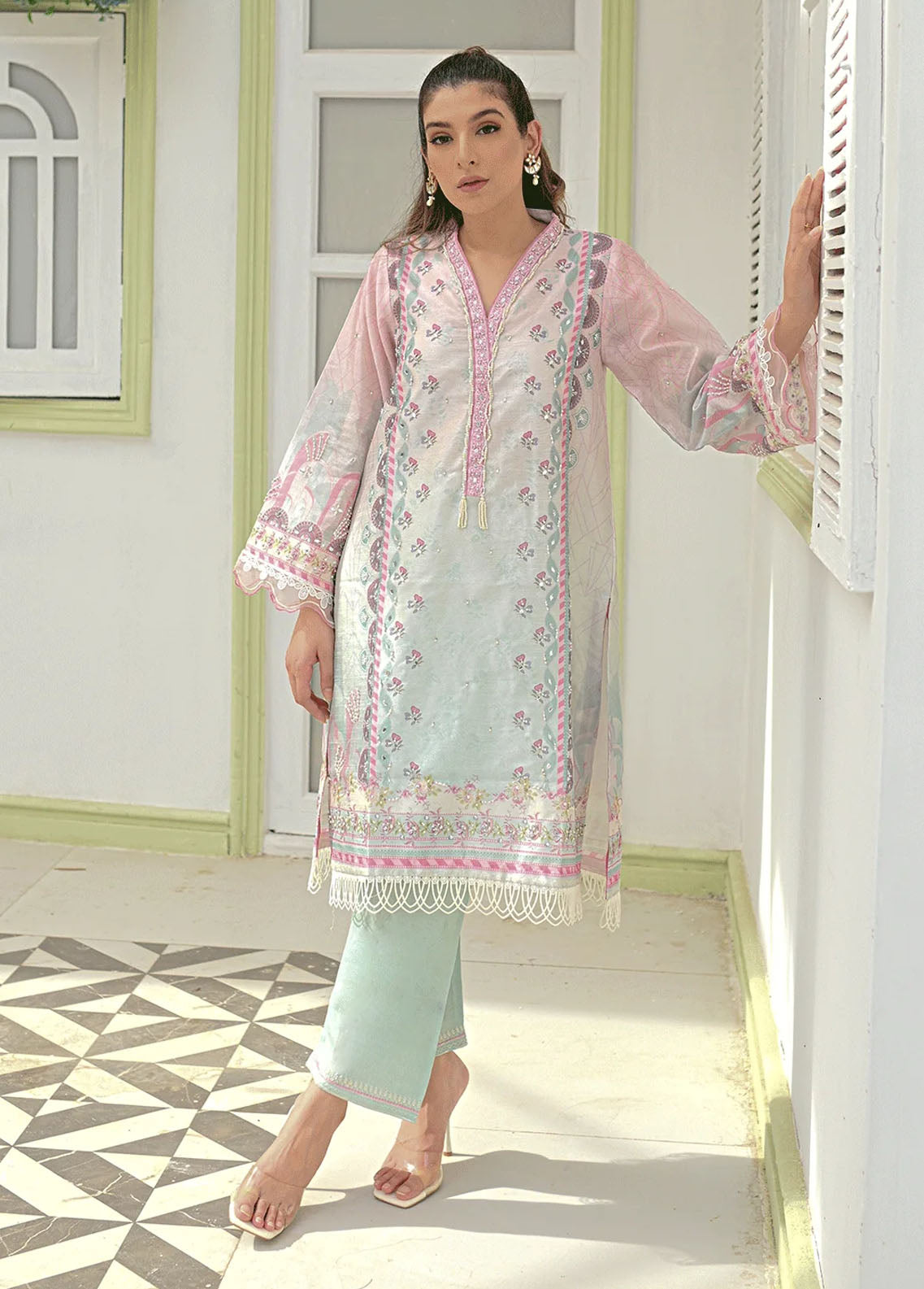 Dhanak Pret Embroidered Silk 2 Piece Suit DC-2243 PINK