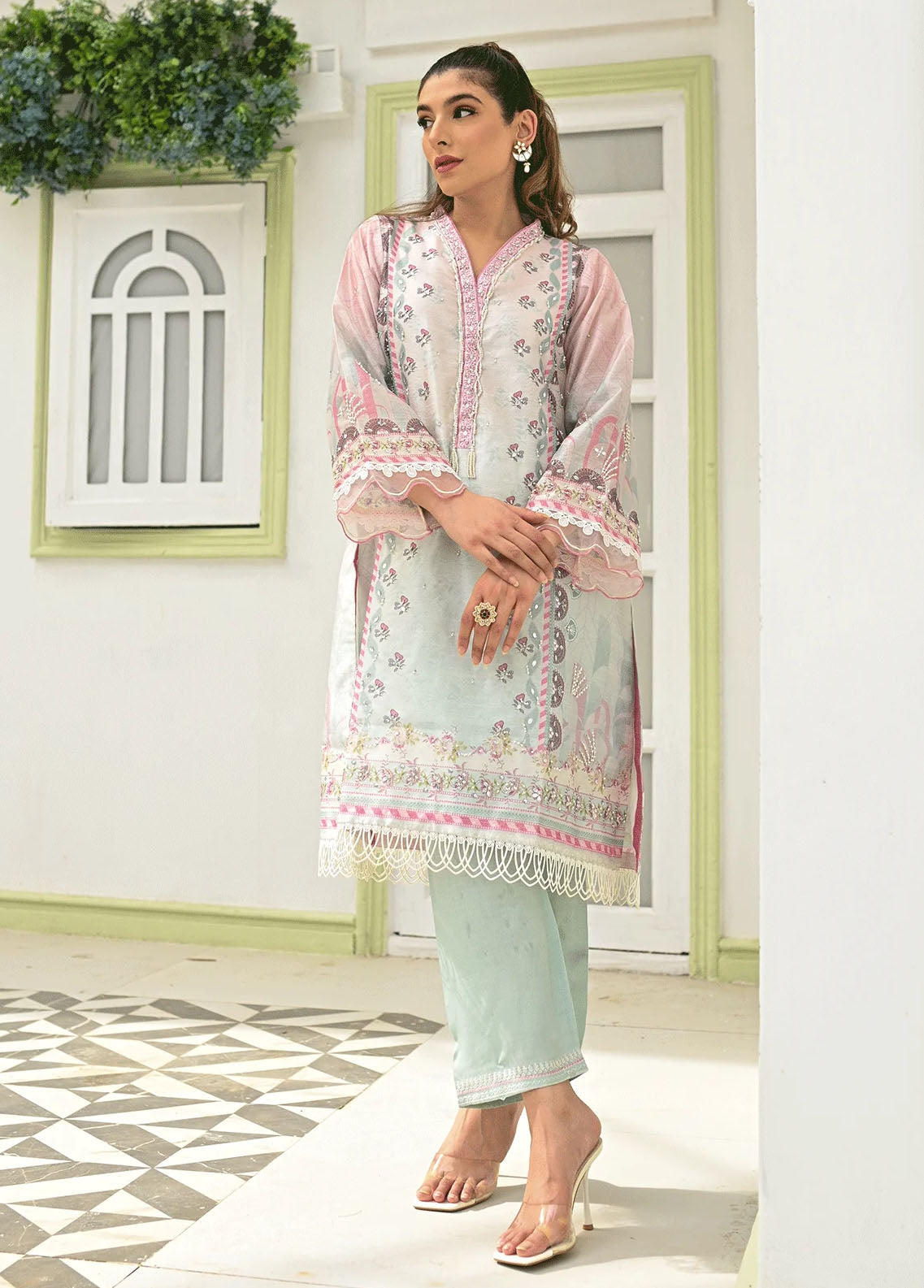 Dhanak Pret Embroidered Silk 2 Piece Suit DC-2243 PINK