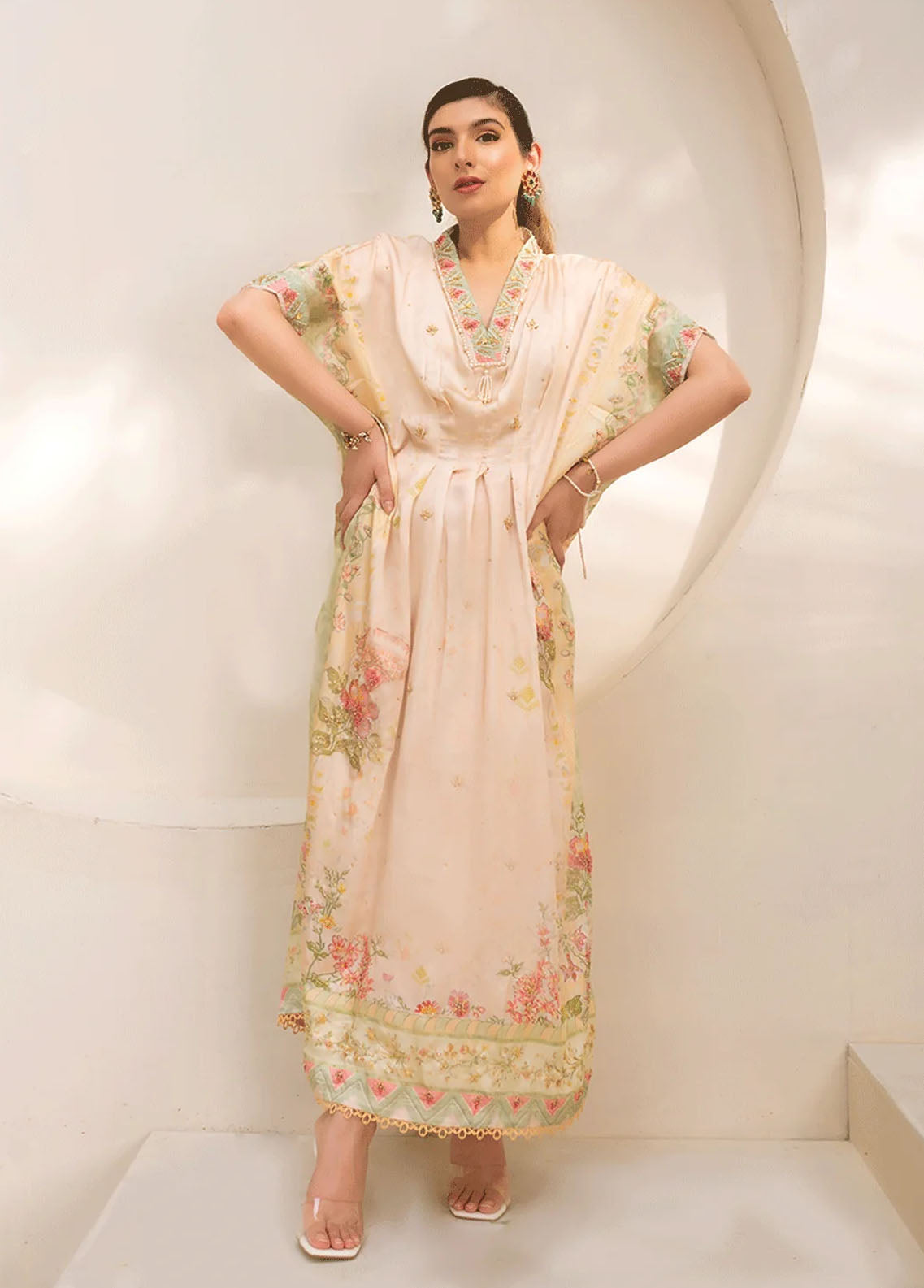 Dhanak Pret Embroidered Silk Kaftan DC-2244 OFF-WHITE