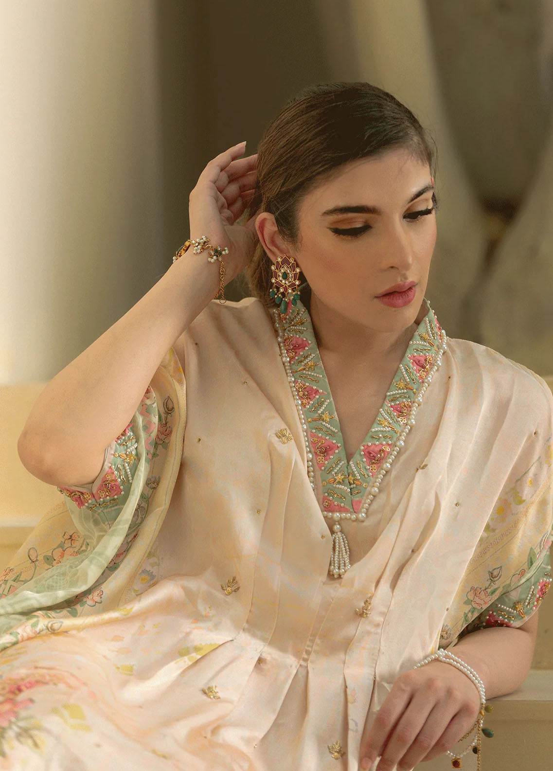 Dhanak Pret Embroidered Silk Kaftan DC-2244 OFF-WHITE