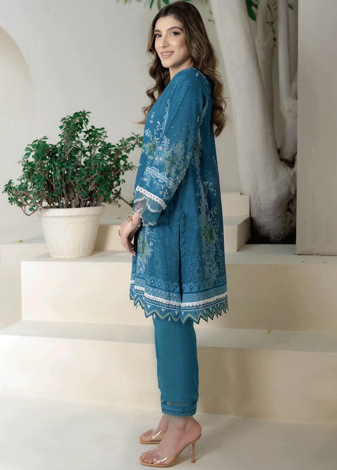 Dhanak Pret Embroidered Silk 2 Piece Suit DC-2273 TURQUOISE BLUE