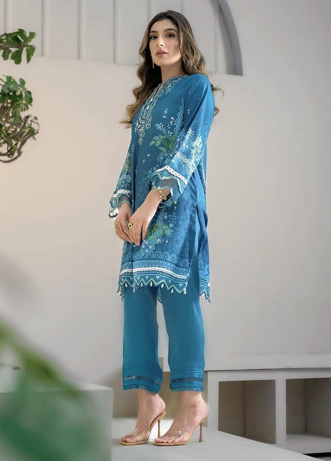 Dhanak Pret Embroidered Silk 2 Piece Suit DC-2273 TURQUOISE BLUE