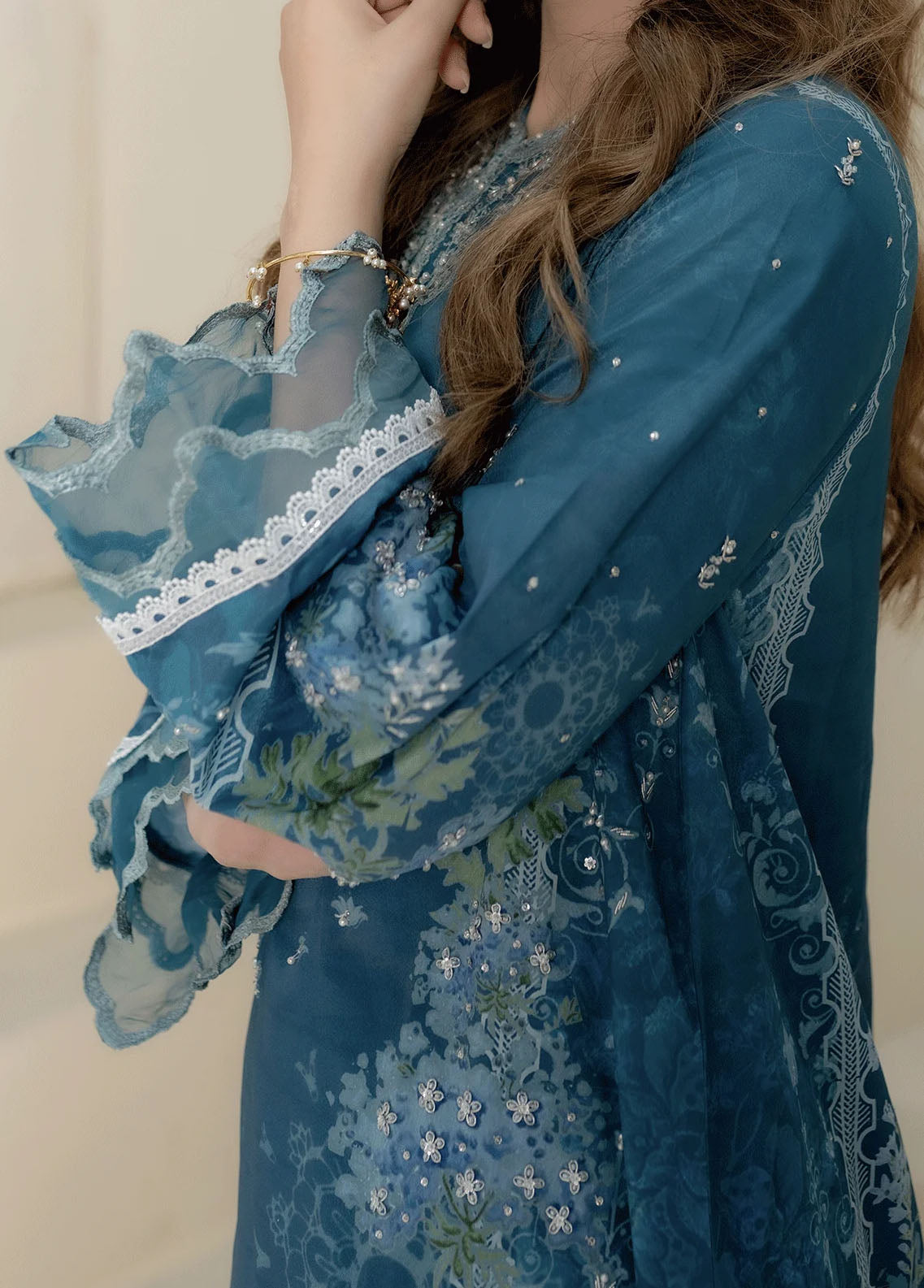 Dhanak Pret Embroidered Silk 2 Piece Suit DC-2273 TURQUOISE BLUE