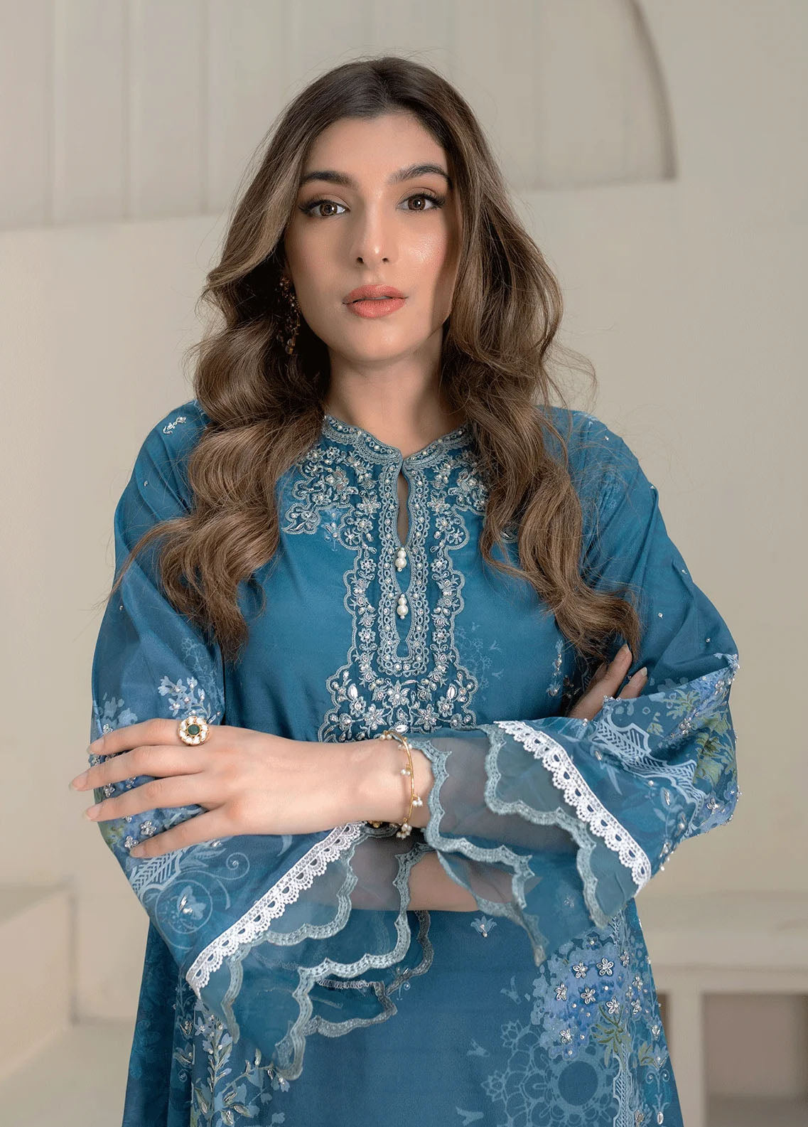 Dhanak Pret Embroidered Silk 2 Piece Suit DC-2273 TURQUOISE BLUE