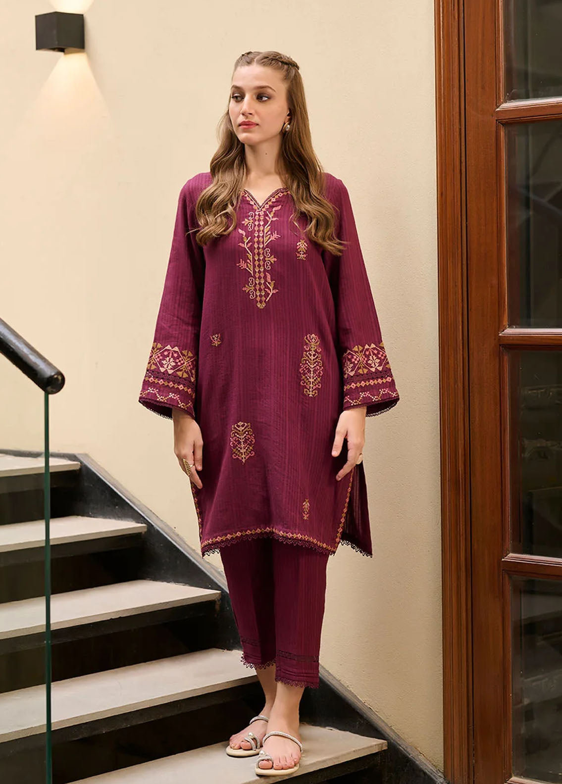 Dhanak Pret Embroidered Linen 2 Piece Suit DC-2292 PURPLE