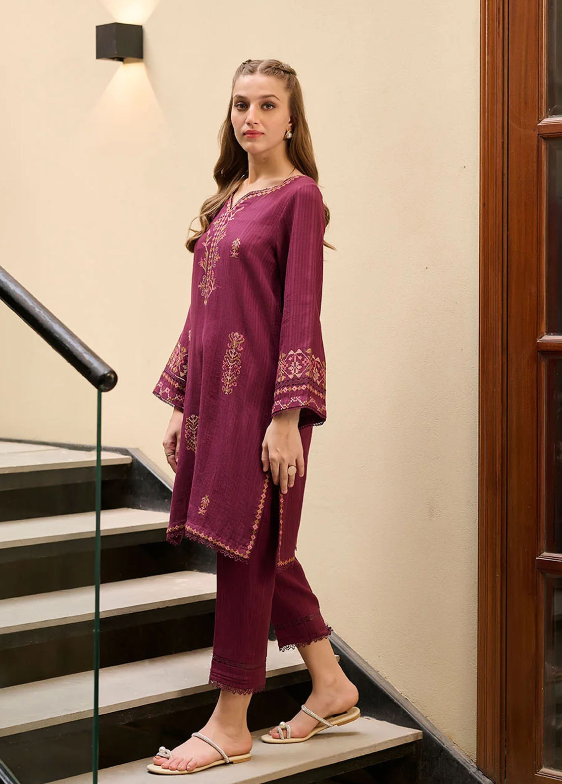 Dhanak Pret Embroidered Linen 2 Piece Suit DC-2292 PURPLE