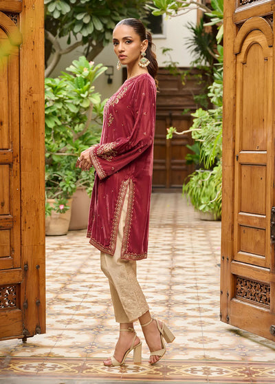 Dhanak Pret Embroidered Velvet Kurti DA-1862 MAROON