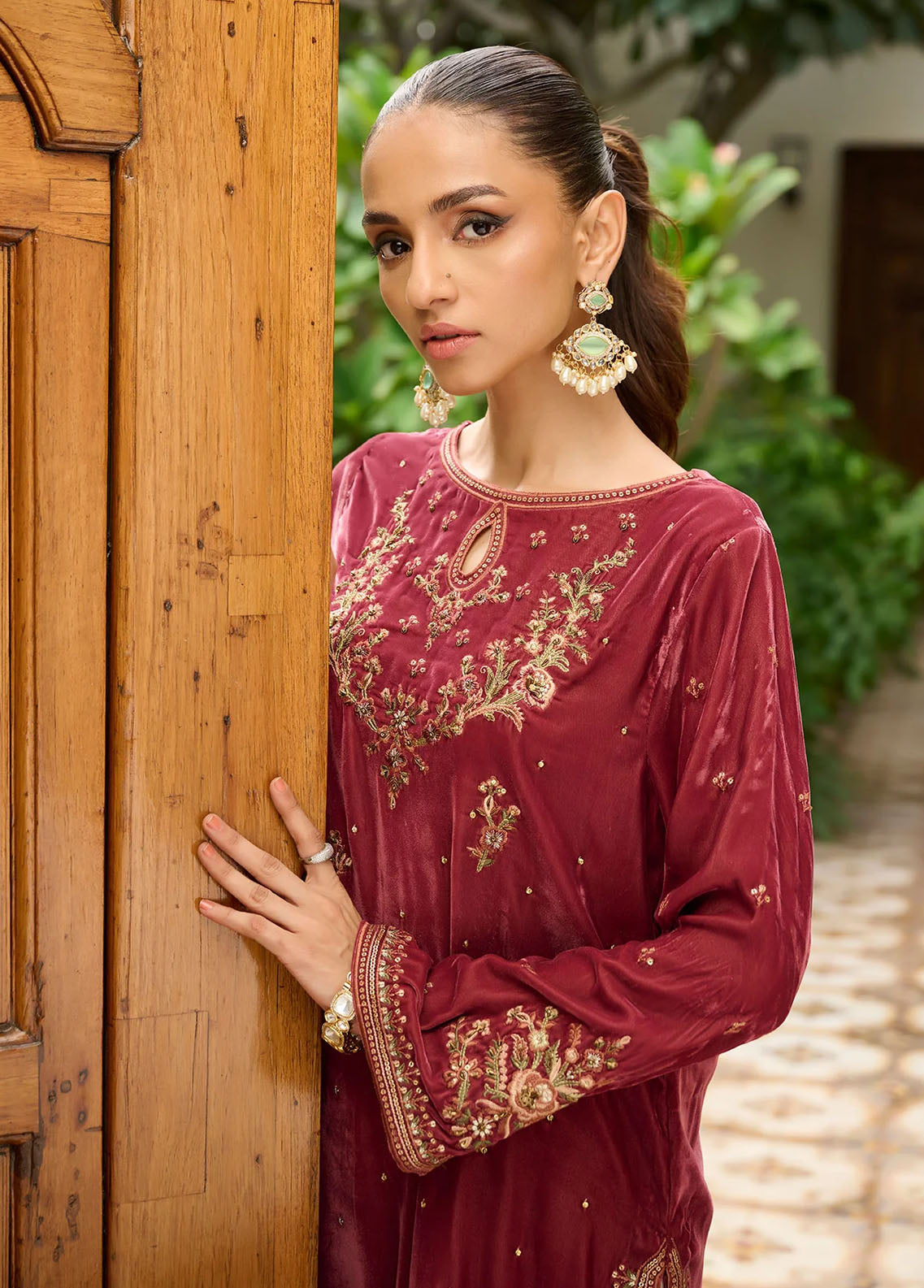 Dhanak Pret Embroidered Velvet Kurti DA-1862 MAROON