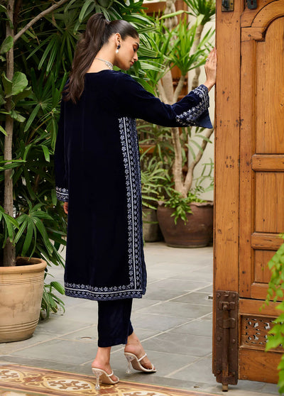 Dhanak Pret Embroidered Velvet Kurti DA-1863 NAVY BLUE